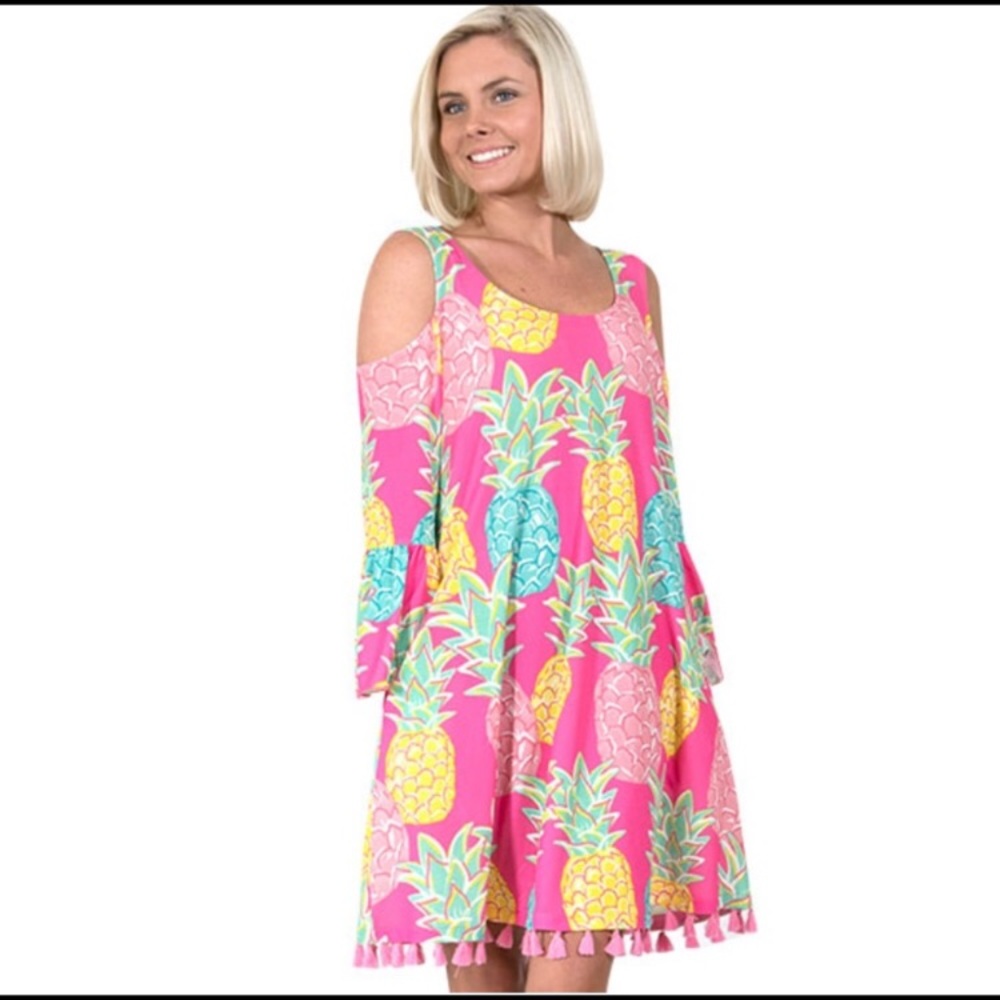 Simply Southern Pink Pineapple Cold-Shoulder Dress